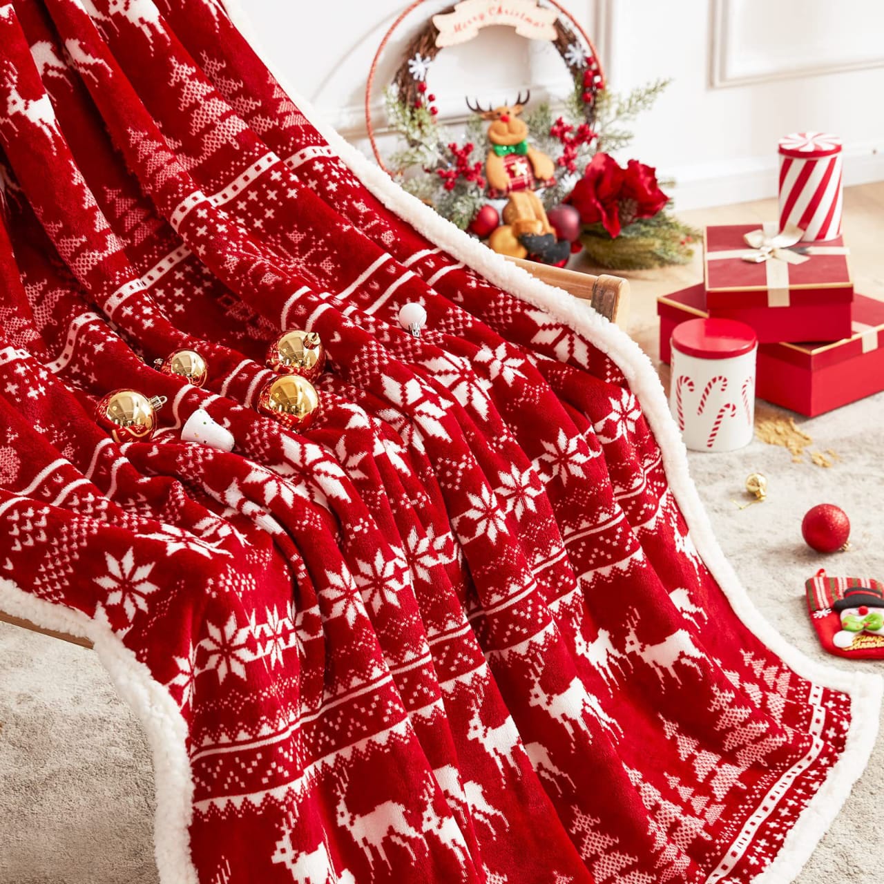 Double layer fleece Christmas throw blanket