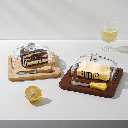 Glass butter dish with bamboo tray