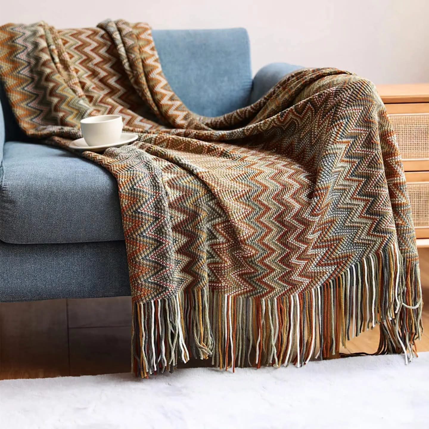 Bohemian Knitted Throw Blanket With Tassel