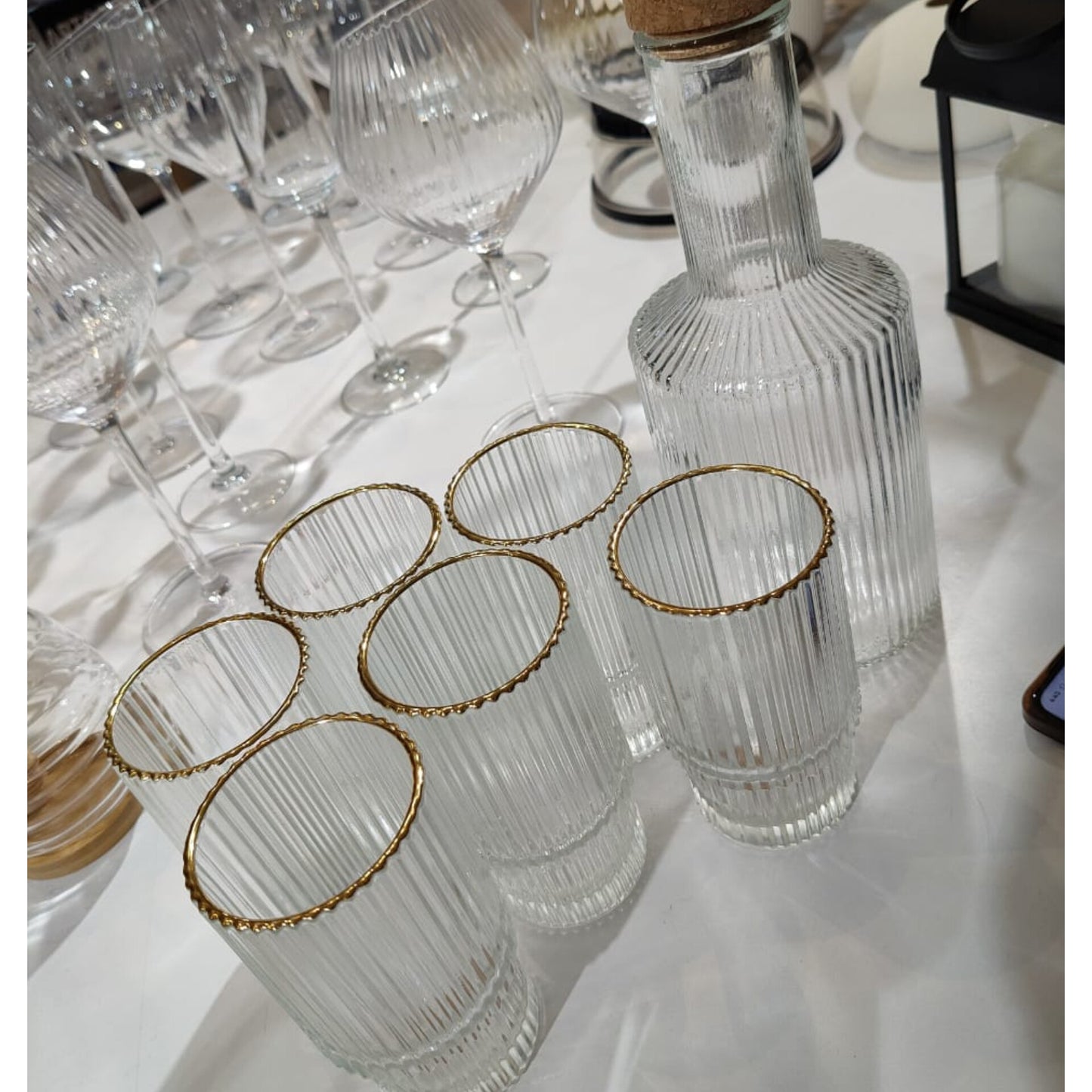 6Pc Ribbed glasses with decanter gold rim gha