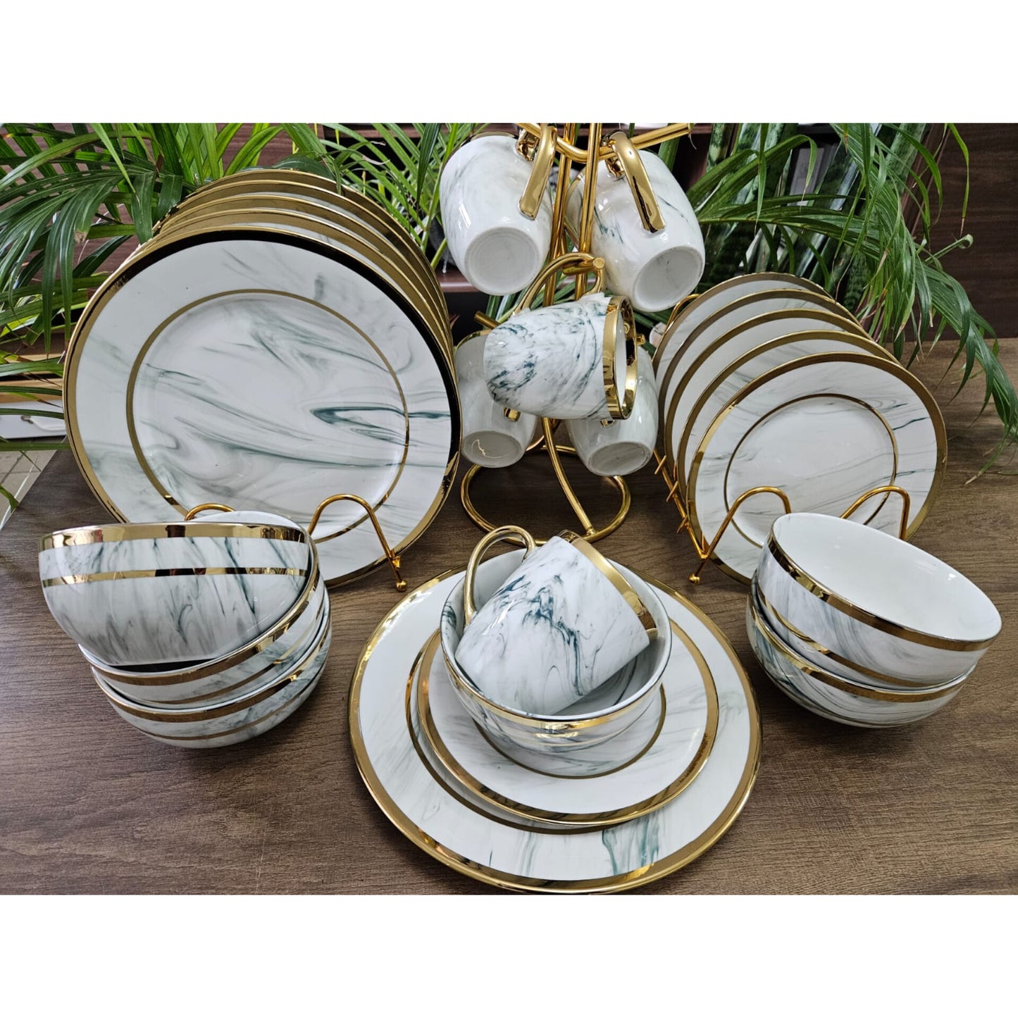 24Pc Marble Ceramic Dinner Set with Gold Rim
