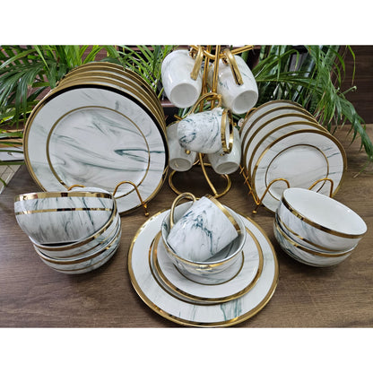 24Pc Marble Ceramic Dinner Set with Gold Rim