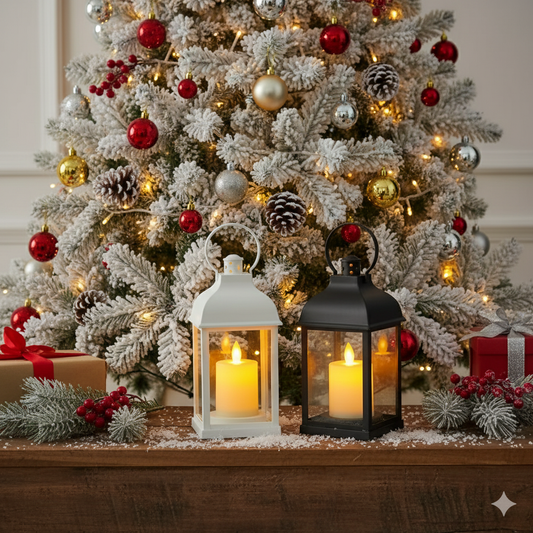 A set of two Christmas lanterns, one white and one black, each with a flickering LED candle inside, placed on a wooden surface in front of a Christmas tree.