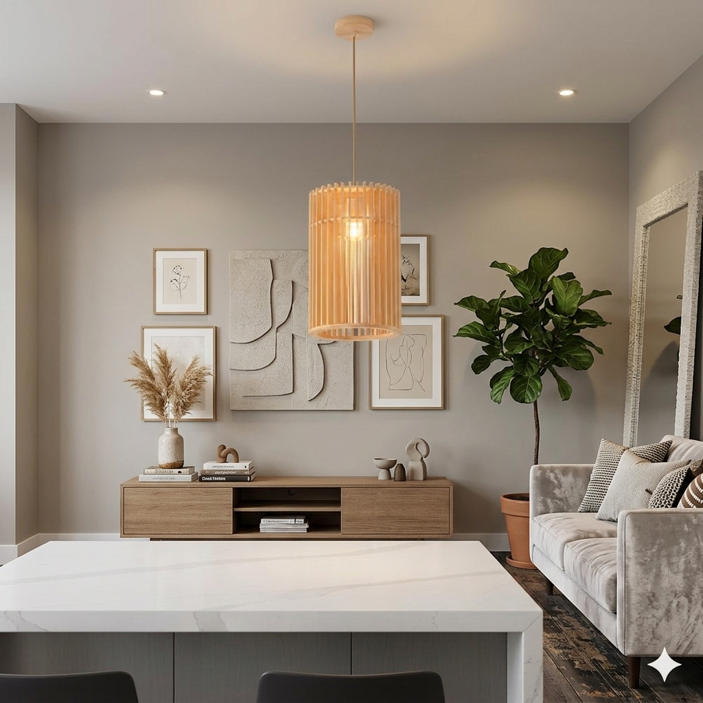A cylindrical bamboo slatted pendant light hanging.