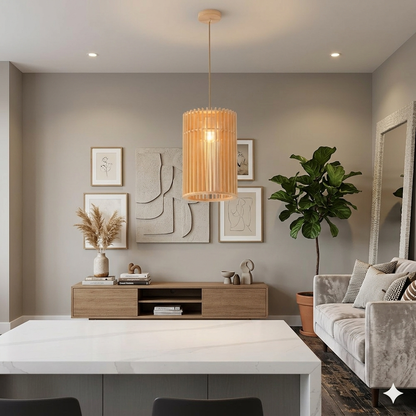 A cylindrical bamboo slatted pendant light hanging.