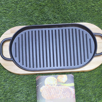 Rectangular Cast Iron Sizzling Grill Pan with Wooden Base