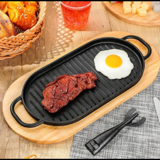 Rectangular Cast Iron Sizzling Grill Pan with Wooden Base