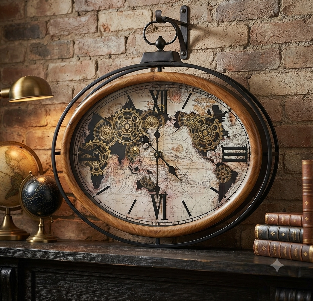 Atlas Columbus Metal Wood Moving Gears Wall Clock