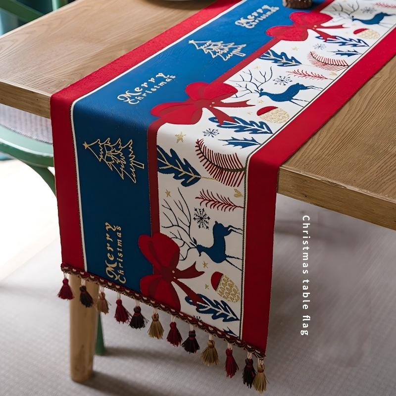 Reindeer Snowman Jacquard Table Runner With Tassels
