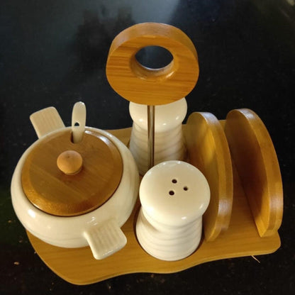 Ceramic and Bamboo Tabletop Condiment and Serviette Set
