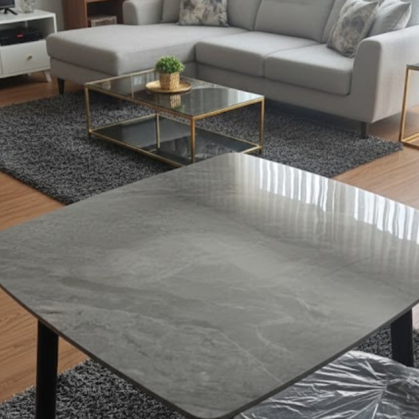 Marble table top with metallic legs