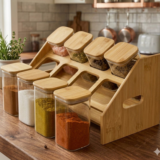 8 Pcs  Squared Borosilicate Glass Spice Jar Set with Bamboo Rack