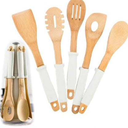 6Pc Wooden serving spoons with stand