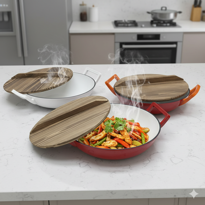 36cm enameled cast iron wok pan with red, white, and orange handles, including wooden lids
