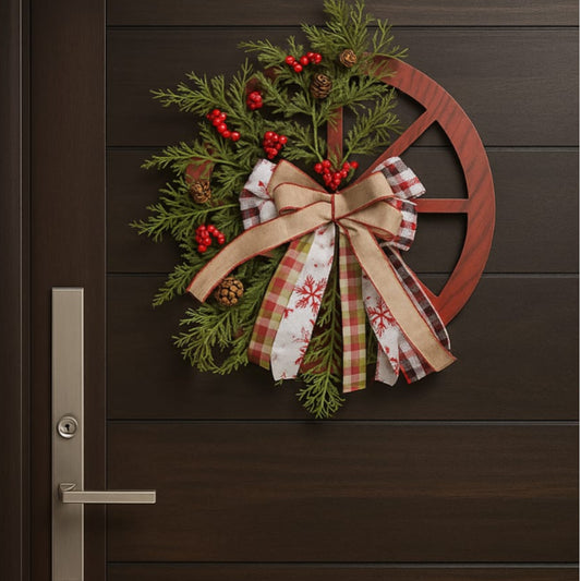 Rustic Christmas wreath featuring pine needles, red berries, pinecones, and a layered bow, attached to a brown wagon wheel shape, hanging on a dark wood door.