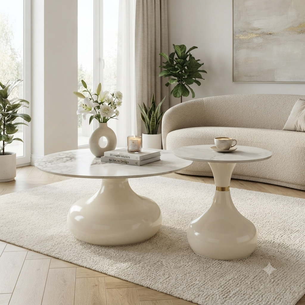 Marble Top and Bottom Aluminum Coffee Table Set