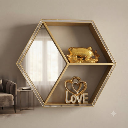 Gold Hexagon Wall Mirror with Display Shelves