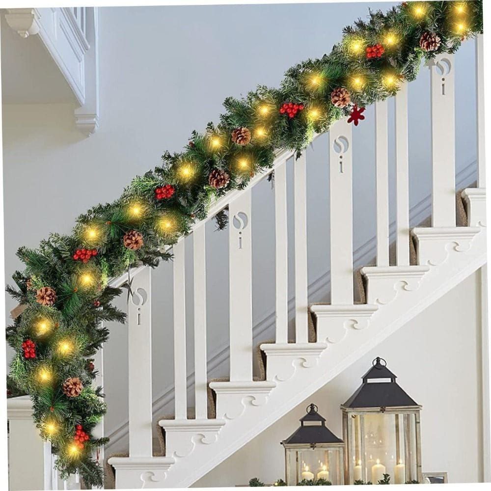 2.7m Christmas Garland With Pine Cones Red Berries And LED Lights