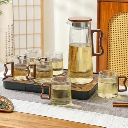 Borosilicate Glass Pitcher Set with Wood Lid and Six Matching Cups