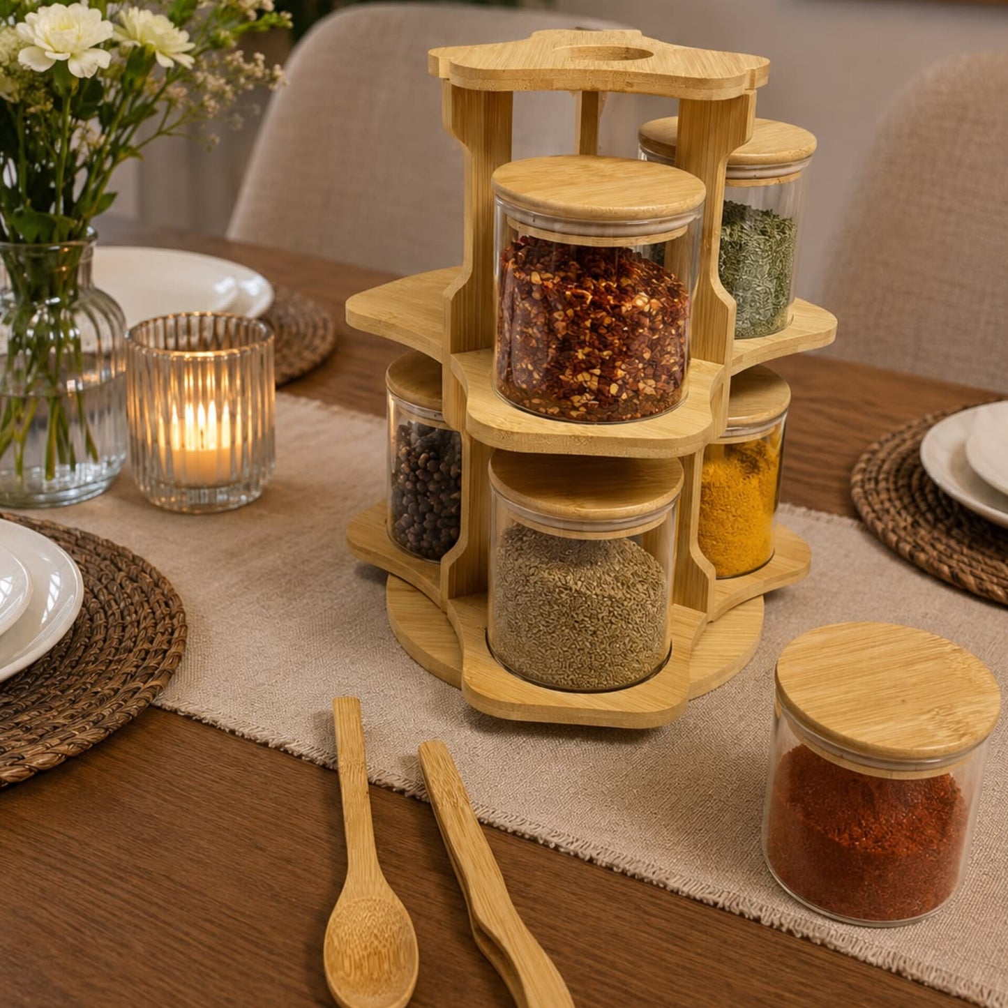 6 Pcs Bamboo Spice Rack Set with Rotating Stand