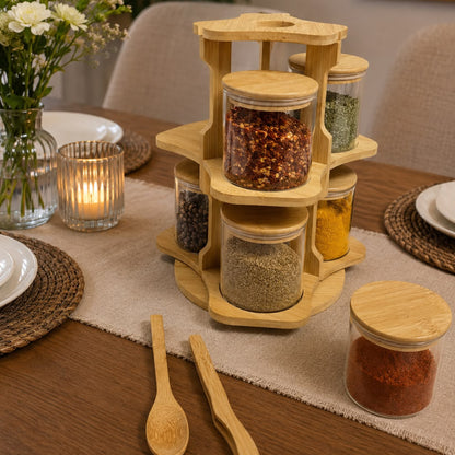 6 Pcs Bamboo Spice Rack Set with Rotating Stand