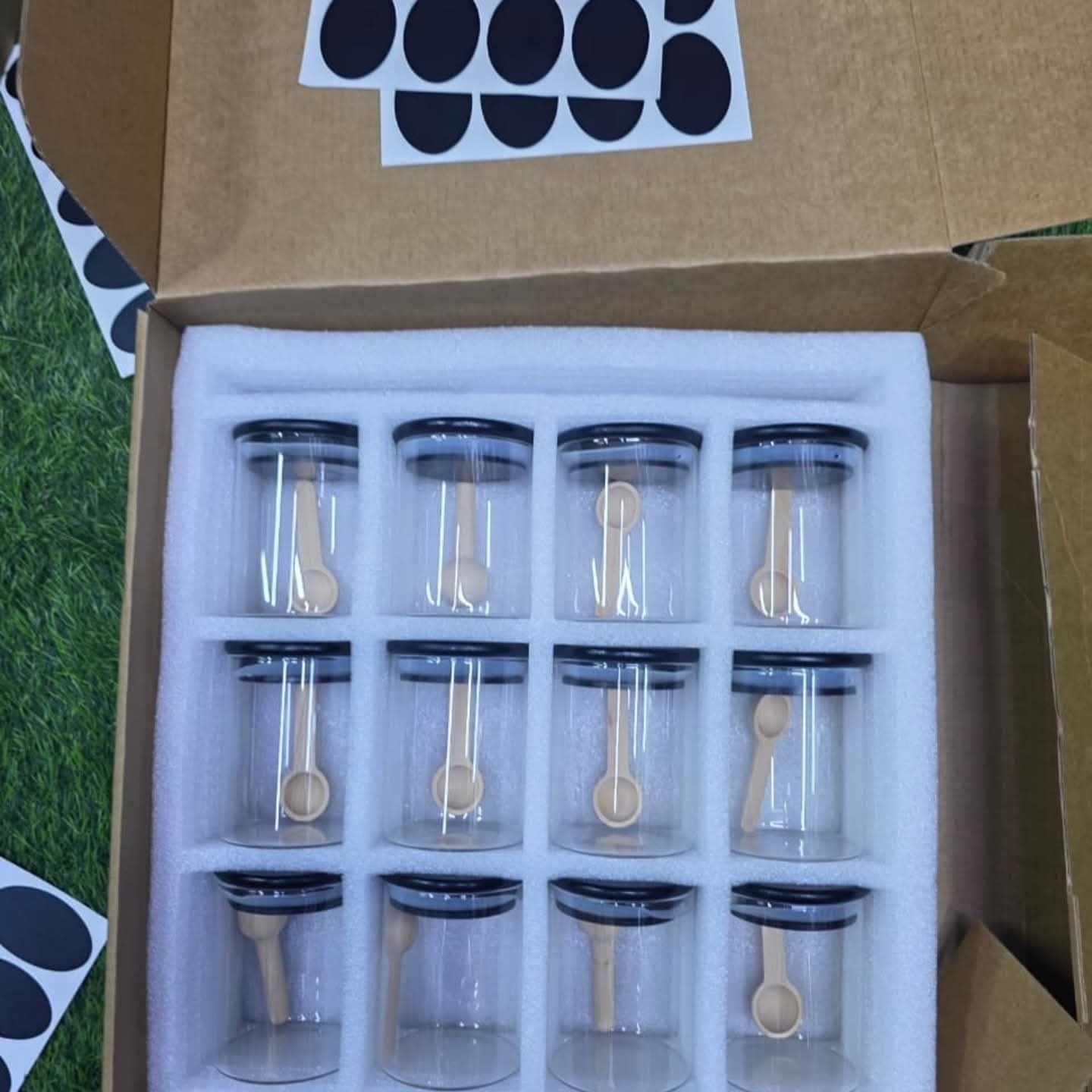 12 Piece Borosilicate Glass Spice Jar Set with Bamboo Spoons and Labels