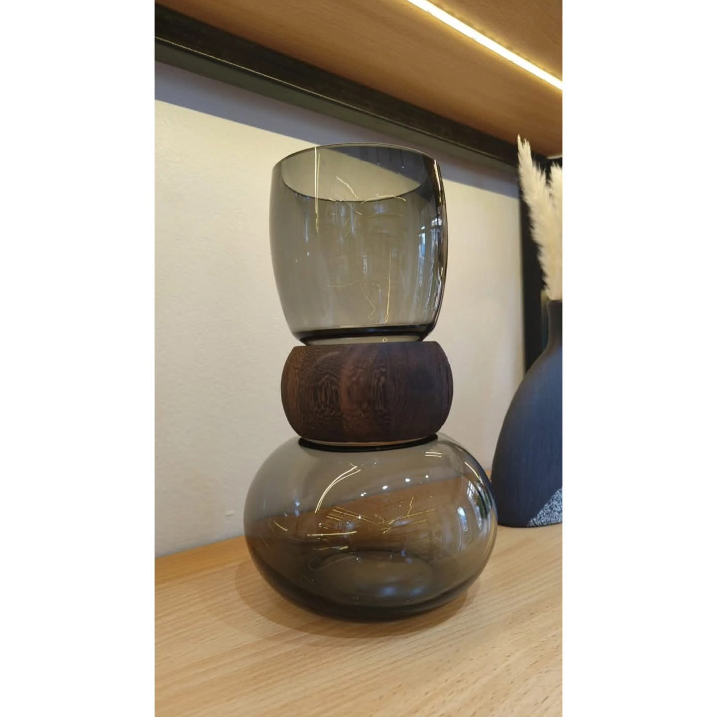 Dark glass vase With wooden ring