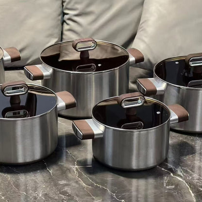 10Pcs Stainless Steel Cookware Set With Wood Look Handles
