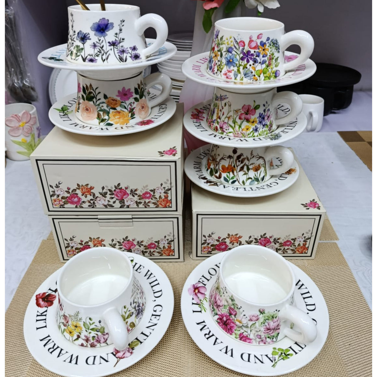 300ml  Flower Ceramic Coffee Cup and Saucer Set