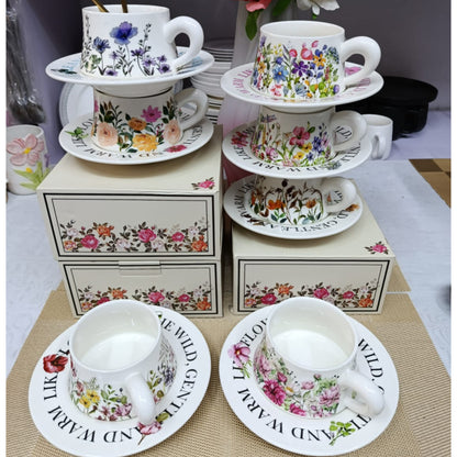 300ml  Flower Ceramic Coffee Cup and Saucer Set
