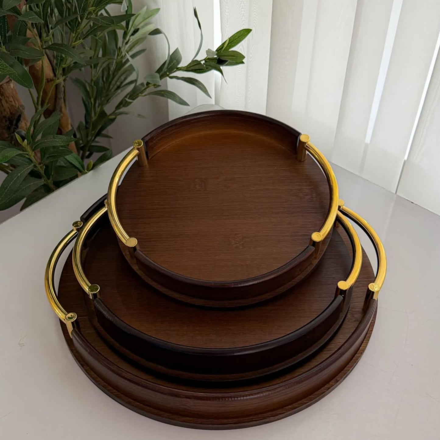 Round Bamboo Serving Trays with Gold Metal Handles