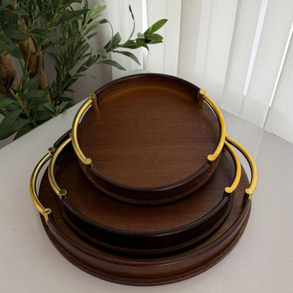 Round Bamboo Serving Trays with Gold Metal Handles