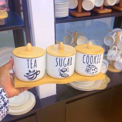 Ceramic Tea Sugar and Cookie Canister Set with Wooden Tray