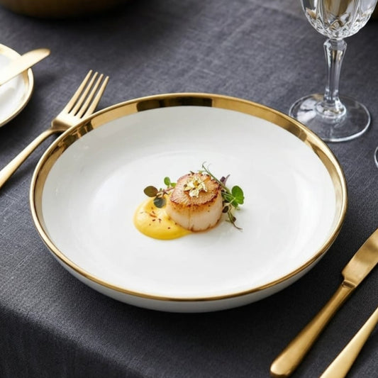 6 Piece Ceramic White Soup Plate Set with Gold Ring