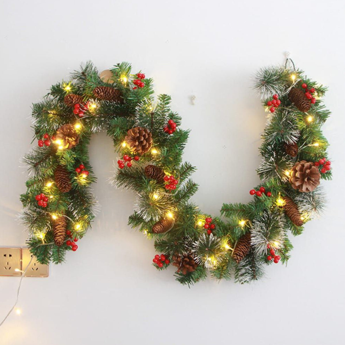 2.7m Christmas Garland With Pine Cones Red Berries And LED Lights