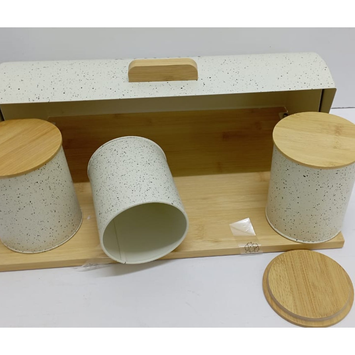 Metallic Bread Bin Storage Box Set with Bamboo Lids and Canisters