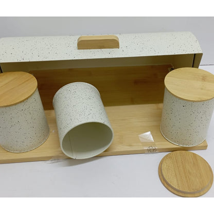 Metallic Bread Bin Storage Box Set with Bamboo Lids and Canisters