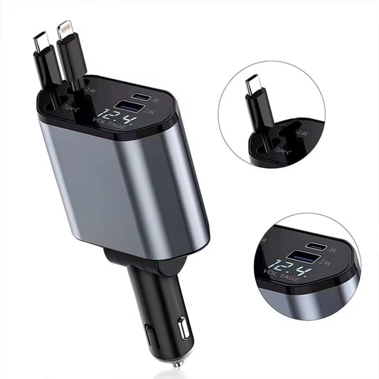 4 in 1 Retractable Fast Car Charger with Dual USB ports and LED Display