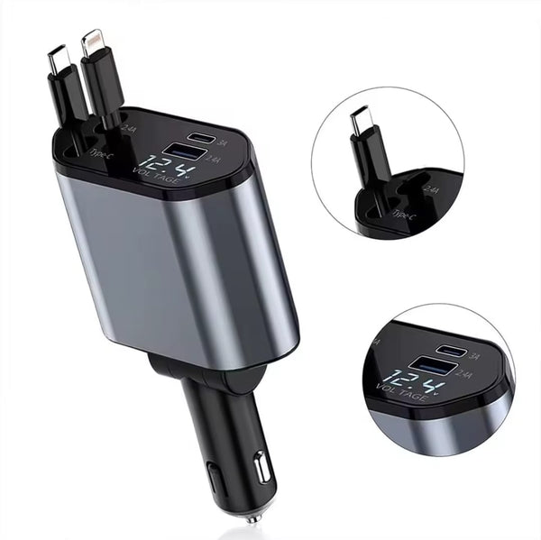 4 in 1 Retractable Fast Car Charger with Dual USB ports and LED Display