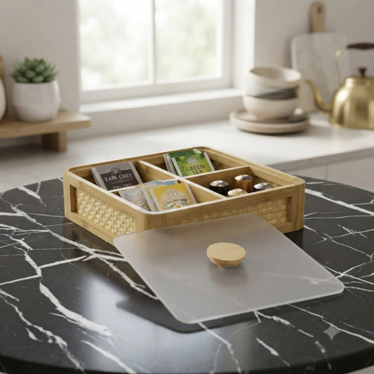 4-Section Square Bamboo Tray with Lid