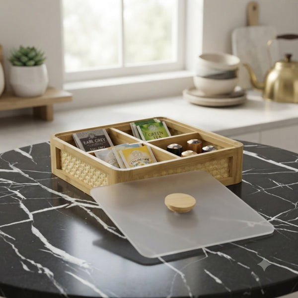 4-Section Square Bamboo Tray with Lid