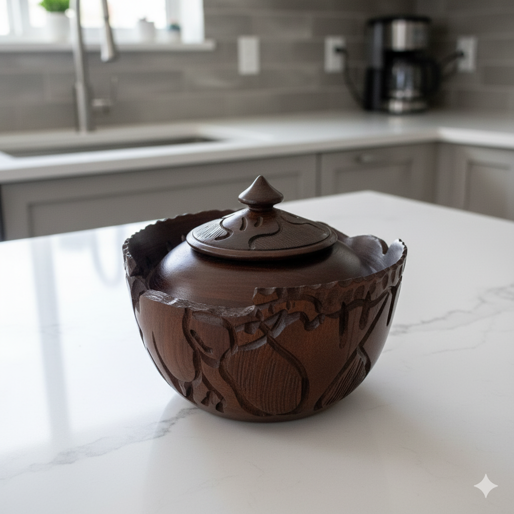 Close-up of a hand-carved, dark wood sugar dish with an ornate lid, featuring deeply carved floral or organic patterns