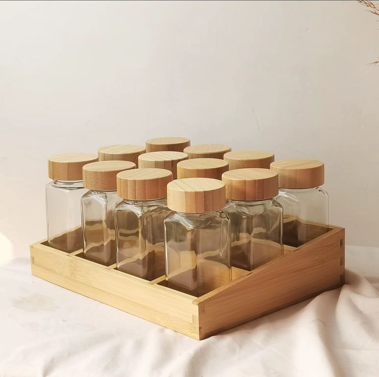12 Pcs Spice Jar Set with Square Bamboo Rack