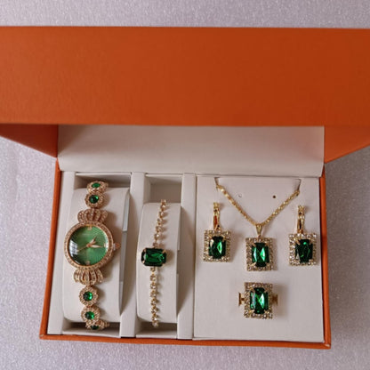 5 Pcs Green Ladies Jewelry and Watch Gift Set