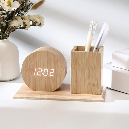 Light wood desk organizer set featuring a digital LED clock in various geometric shapes (cube, circle, triangle)