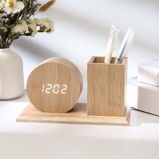 Light wood desk organizer set featuring a digital LED clock in various geometric shapes (cube, circle, triangle)