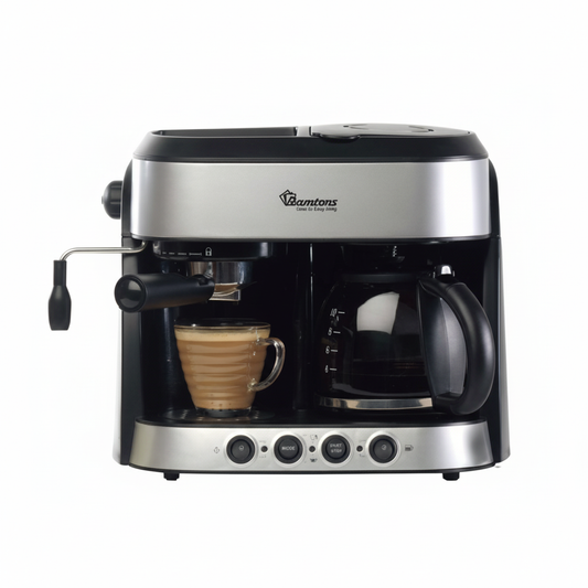 Ramtons combination espresso and drip coffee maker with a frothing wand and a glass carafe