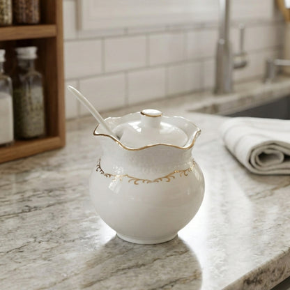 Gold Rimmed Ceramic Sugar Jar with Spoon