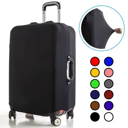Black stretchy luggage protector covering a rolling suitcase, with an inset showing the stretch of the fabric and swatches displaying multiple color options.