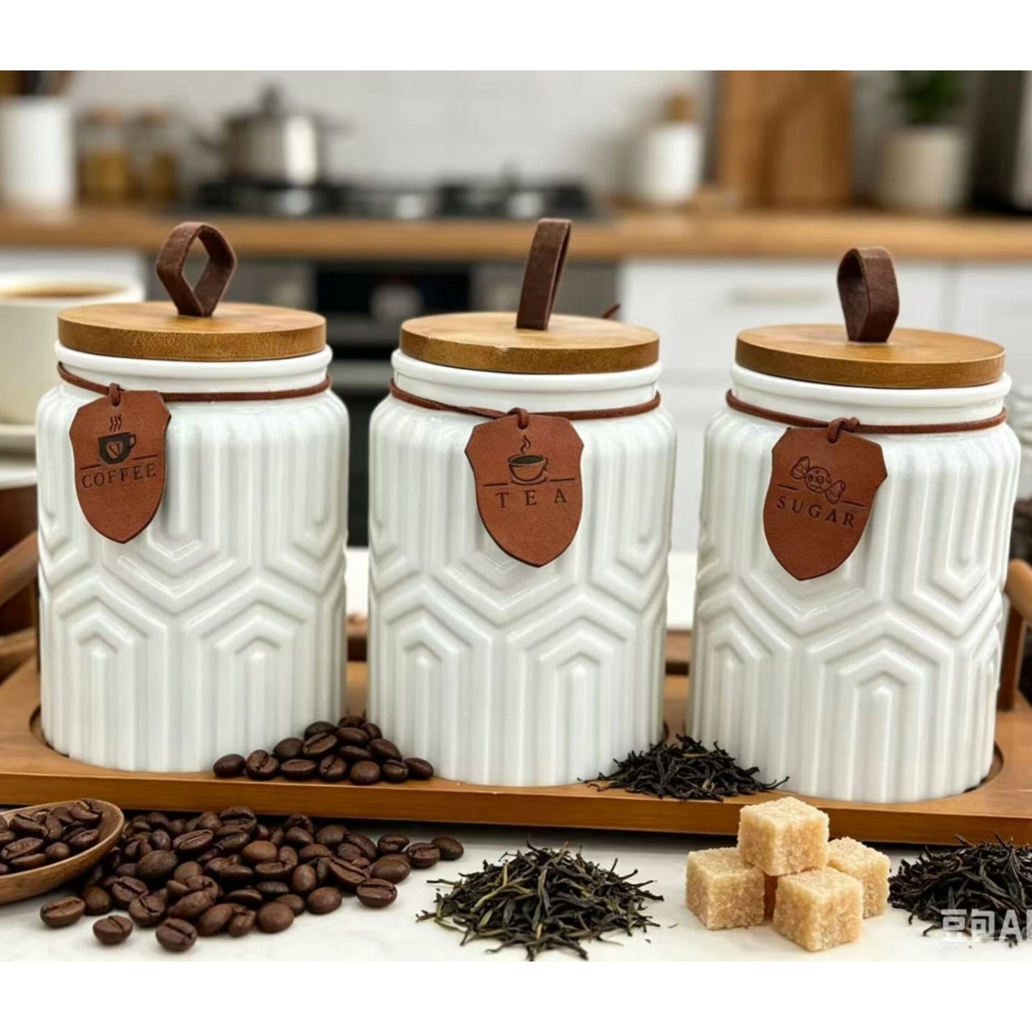 3Pcs Ceramic Canister Set with Wooden Tray